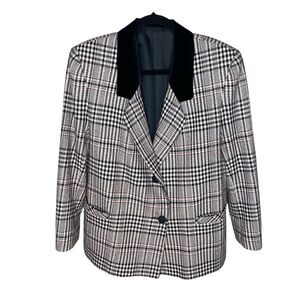 MARKS & SPENCER Vintage Wool Plaid Blazer Jacket Velvet Houndstooth Size Medium